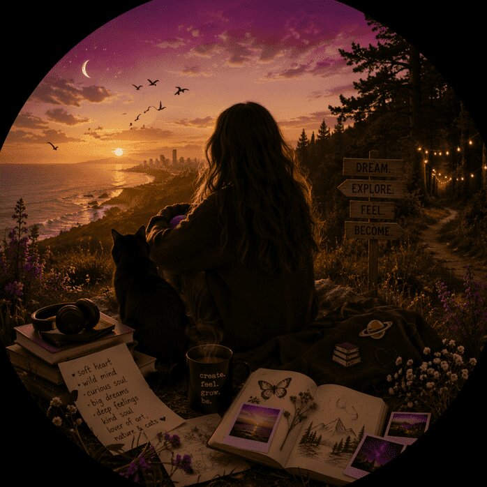 Dreamy illustrated scene of a woman sitting outdoors with a cat at sunset
